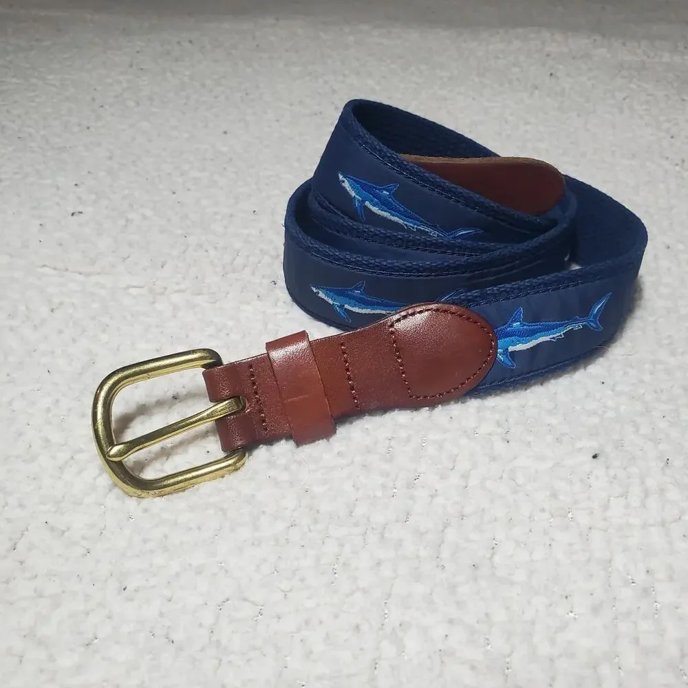 Leather Man Ltd. Fabric Shark Print Belt - Handmade in Essex, CT Preppy Coastal